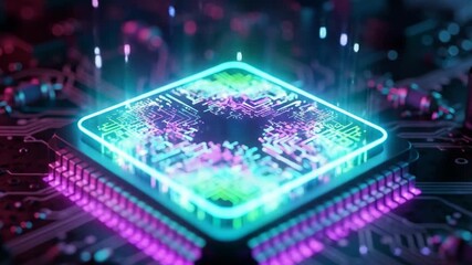 Futuristic neon glowing CPU processor on a circuit board symbolizing artificial intelligence - Powered by Adobe