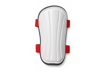 Soccer shin guards providing protection for players' legs, featuring red straps and a transparent background for easy integration into designs