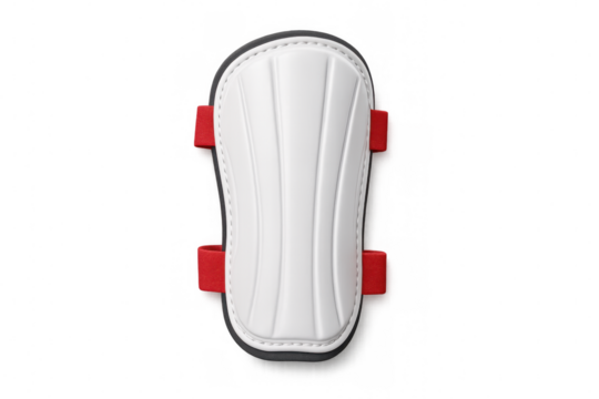 Soccer shin guards providing protection for players' legs, featuring red straps and a transparent background for easy integration into designs