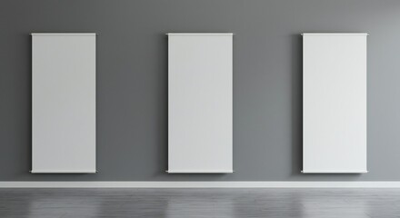 Three white roll-up banners on a gray wall, minimalist design, smooth wood floor, soft ambient lighting, clean composition.