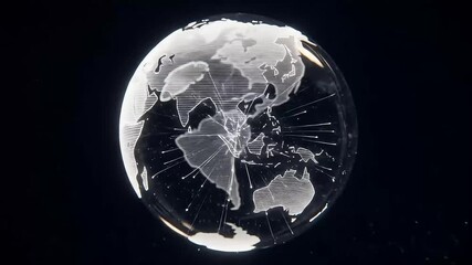 Abstract animation of a rotating digital transparent Earth globe showing global network connections. - Powered by Adobe