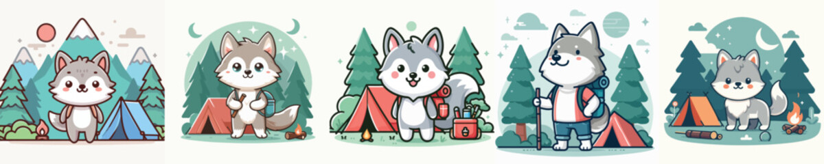 collection of cute wolf vectors camping