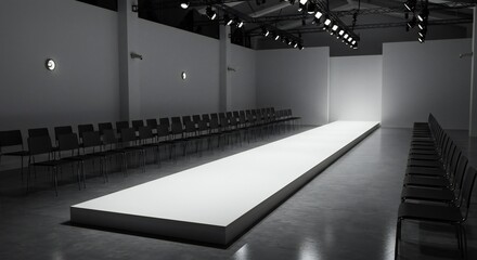 A fashion runway in a minimalist style, showcasing a stark white catwalk illuminated by overhead lights, surrounded by empty chairs in a modern setting.