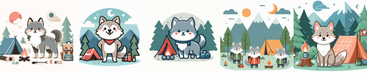 collection of cute wolf vectors camping