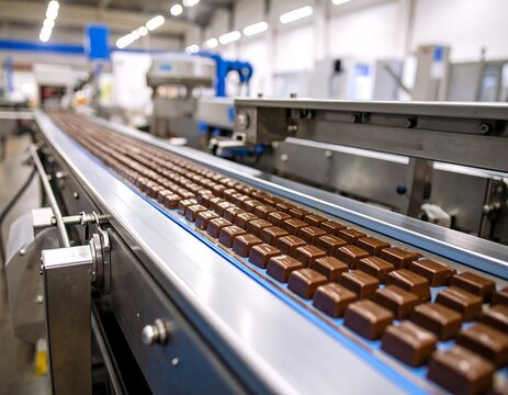 Chocolate squares moving on a factory conveyor belt