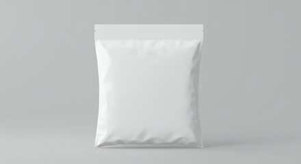 White zip-lock pouch against a soft gray background, glossy finish, minimalistic style, neutral mood, well-lit composition.