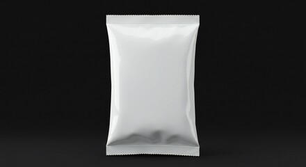 Glossy white packaging bag, empty, centered against a black background, emphasizes minimalism. Soft reflections add depth, enhancing focus on the bag's design.