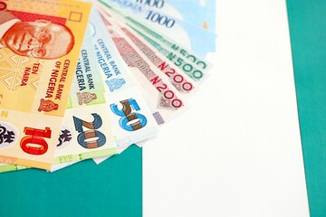 Nigerian naira currency money bills lies on flag. The concept of business and investment