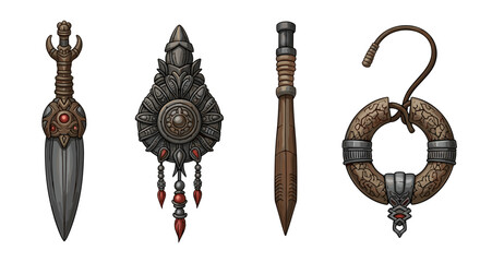 Fantasy game assets: decorative weapons and unusual artifacts illustrations