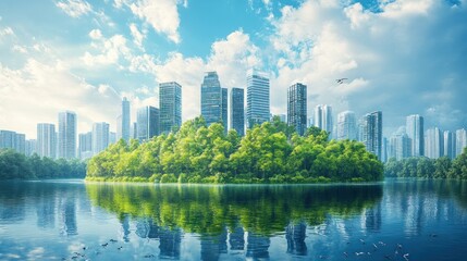 serene city skyline reflected on tranquil waters showcasing an urban oasis intertwined with lush greenery and vibrant natural elements under a picturesque sky