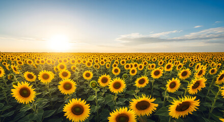 A sprawling field of vibrant yellow sunflowers basks under a clear blue sky, with the sun setting on the horizon