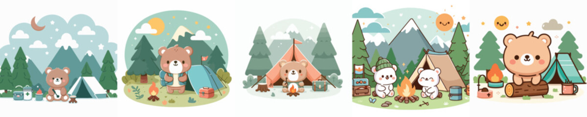 Fototapeta premium collection of cute bear vectors camping