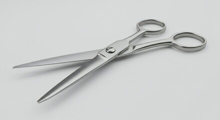 Obraz premium Metallic scissors on a soft neutral background, reflecting light, minimalist style, focus on sharpness and design.