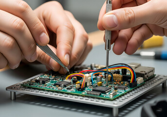 A pair of hands uses tweezers and a screwdriver to meticulously work on a green circuit board with colorful wires