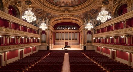Obraz premium A grand concert hall features rows of red velvet seats, an ornate ceiling with chandeliers, and a stage with a piano and organ pipes