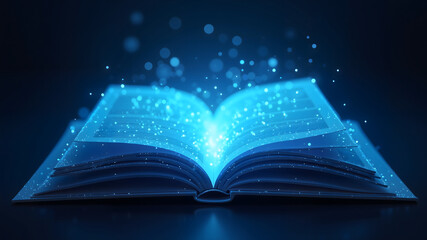 glowing blue open book. Low polygon, particle, and triangle style design.Wireframe light connection structure.
