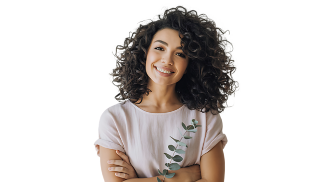 Portrait of a smiling woman with curly hair and arms crossed wearing a pink t shirt