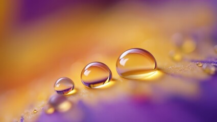 Clear water droplets on vibrant purple and yellow flower petals