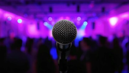 Microphone on stage, concert performance setup, live music venue, spotlight event moment, audio equipment close-up, entertainment atmosphere, crowd anticipation scene - Powered by Adobe