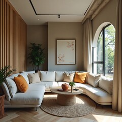 Living Room Interior with Round Coffee Table and Sectional Sofa
