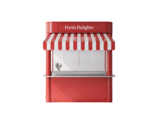 A vibrant red and white striped kiosk with a blank sign perfect for a food or retail business isolated on transparent background
