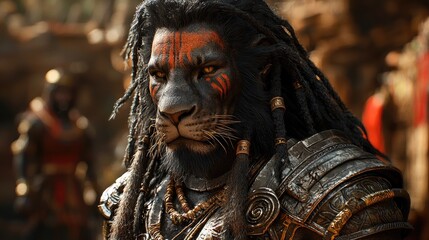 Close-up of lion-like warrior in ornate armor