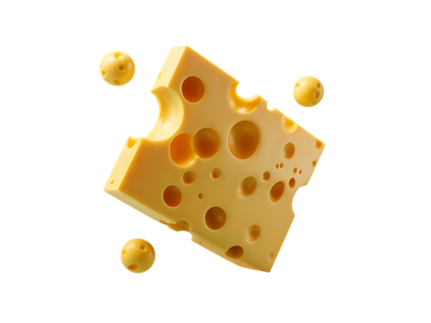 A delicious wedge of swiss cheese with characteristic holes accompanied by small yellow spheres isolated on a transparent background isolated on transparent background - Powered by Adobe