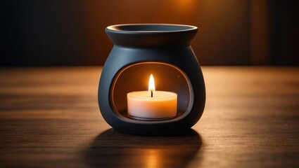 Cozy candle in a dark ceramic diffuser on a wooden surface