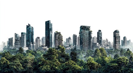 Obraz premium Bangkok skyline with modern skyscrapers and lush green trees in the foreground, isolated on white background. Cityscape concept. High quality