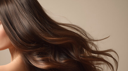 Fototapeta premium 深みのあるブラウンのロングヘアが動きを帯びて流れるシルエット。健康的な髪質を印象づけるビジュアル。 