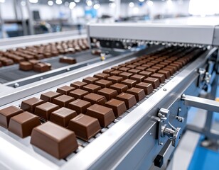 Obraz premium Chocolate squares on a conveyor belt in a factory (3)