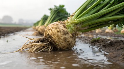 Rough-textured celery roots freshly pulled from flooded field, dripping with muddy water