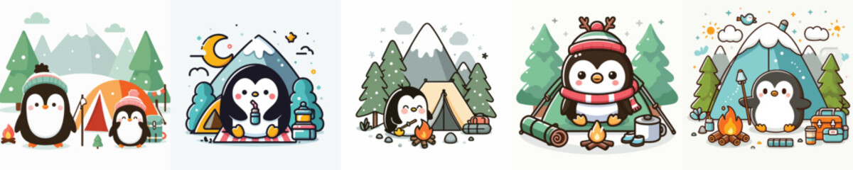 collection of cute penguin vectors camping