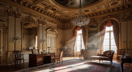 Obraz premium Luxurious historic room with intricate moldings and soft sunlight.