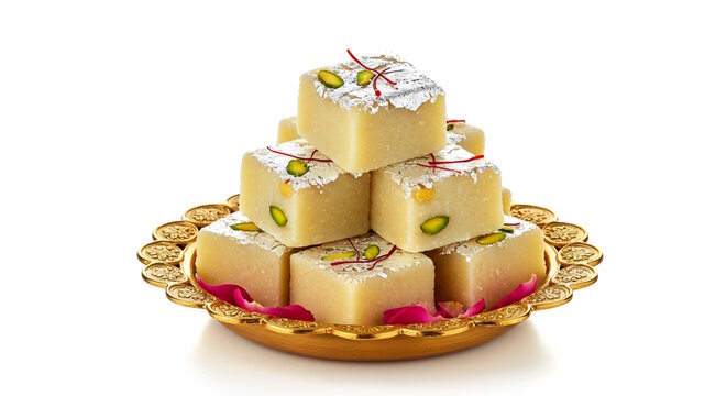 Indian Gujarati traditional sweet Mava burfi, barfi or milk powder barfi mithai in golden dish, garnish with pistachio, silver foil, saffron, rose petal isolated on white background