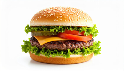 Delicious hamburger featuring sesame seed bun, fresh lettuce, juicy tomato slices, pickles, and melted cheese, perfect for satisfying meal