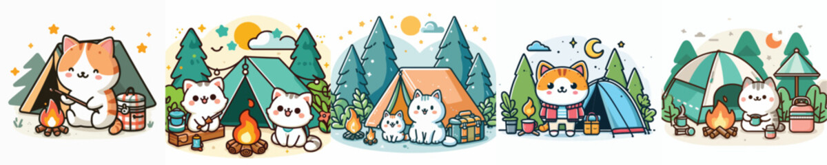 collection of cute cat vectors camping
