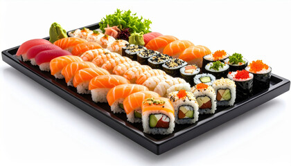 Delicious sushi platter featuring variety of colorful sushi rolls, including nigiri and maki, garnished with wasabi and fresh greens, perfect for sharing and enjoying