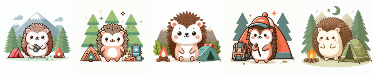 collection of cute hedgehog vectors camping