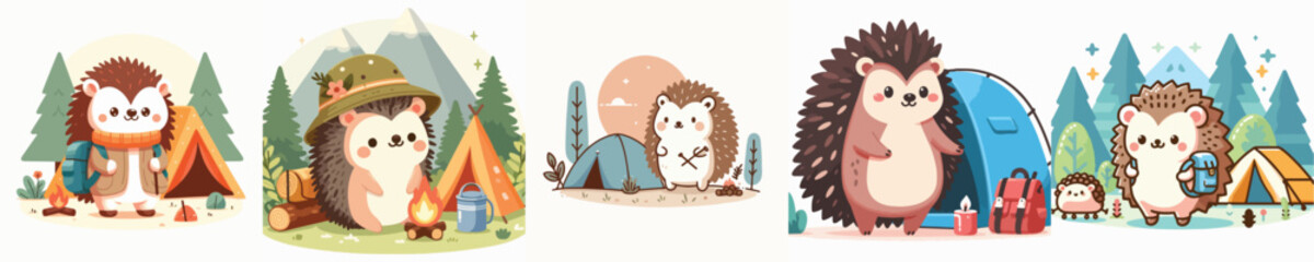 Fototapeta premium collection of cute hedgehog vectors camping