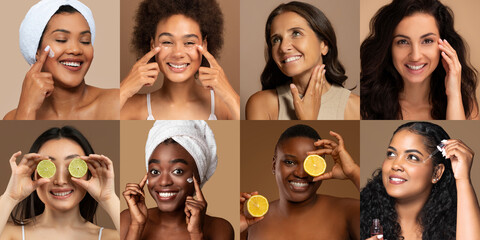 A cozy home setting showcases various women engaging in skin care routines. They smile and apply products while enjoying moments of self-care and relaxation with natural elements.