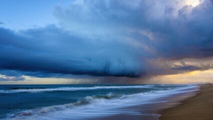Dramatic stormy sky over a serene ocean at dusk
