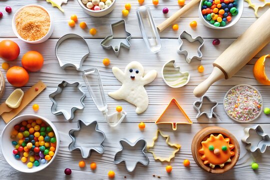 A festive halloween baking scene with ghost and pumpkin cookies, assorted cutters, colorful candies, and baking tools laid out on a light surface
