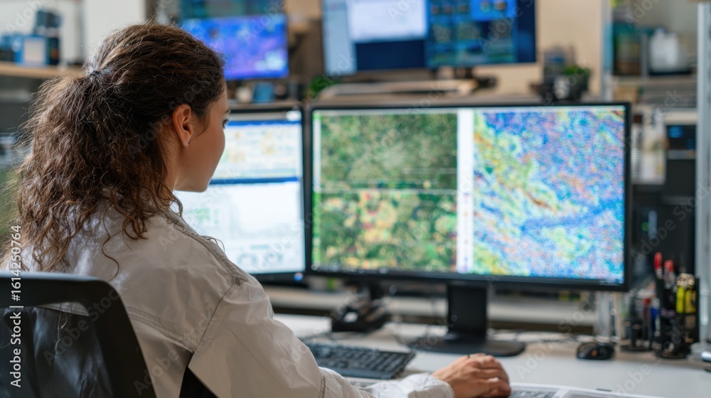 Poster side view of a geospatial analyst analyzing satellite maps and geographic data sequences in a modern