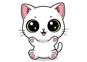 Adorable Cartoon White Cat with Big Eyes Pink Ears and Happy Expression.