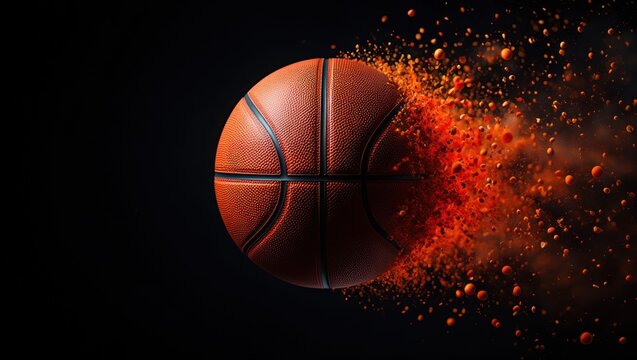 Exploding basketball with fiery particles against dark background