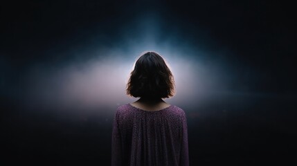 Contemplative figure gazing at an ethereal light in a dark setting during twilight.