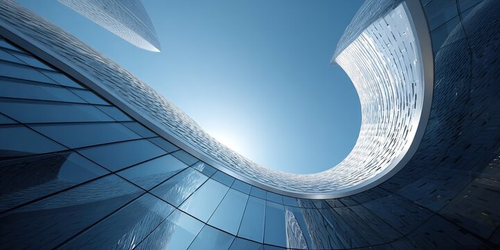 Low angle view of futuristic architecture, Skyscraper of office building with curve glass window, 3D rendering. High quality