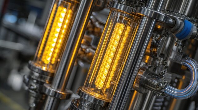 Gleaming metallic parts of industrial equipment intertwine with glowing tubing, indicating the production of oxygen using vacuum swing adsorption technology