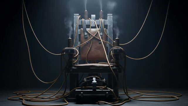 Vintage Electric Chair prison with Smoking Insulators and Tangled Wires in a Dark Setting.